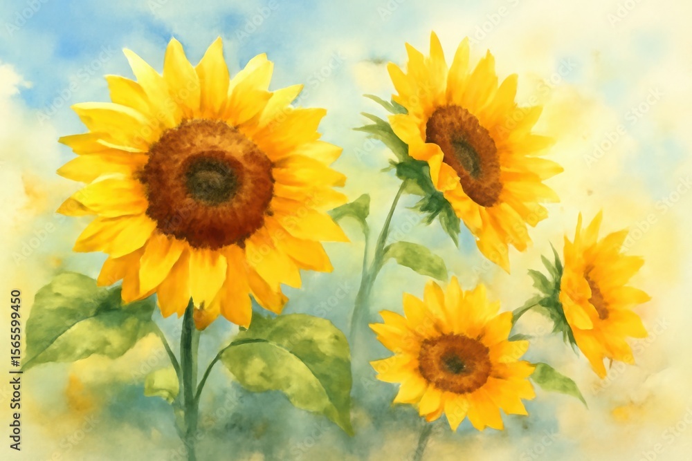 Obraz premium Vibrant watercolor painting of four bright yellow sunflowers with green leaves against a soft blue and yellow sky background
