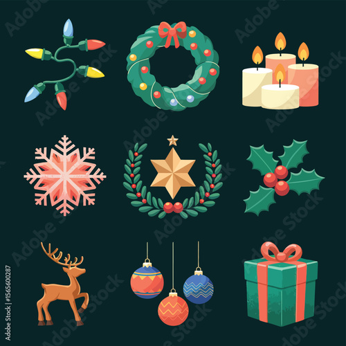 vector Happy New Year Celebrating 2025 in Latin letters , Christmas Decoration Items Santa Claus
