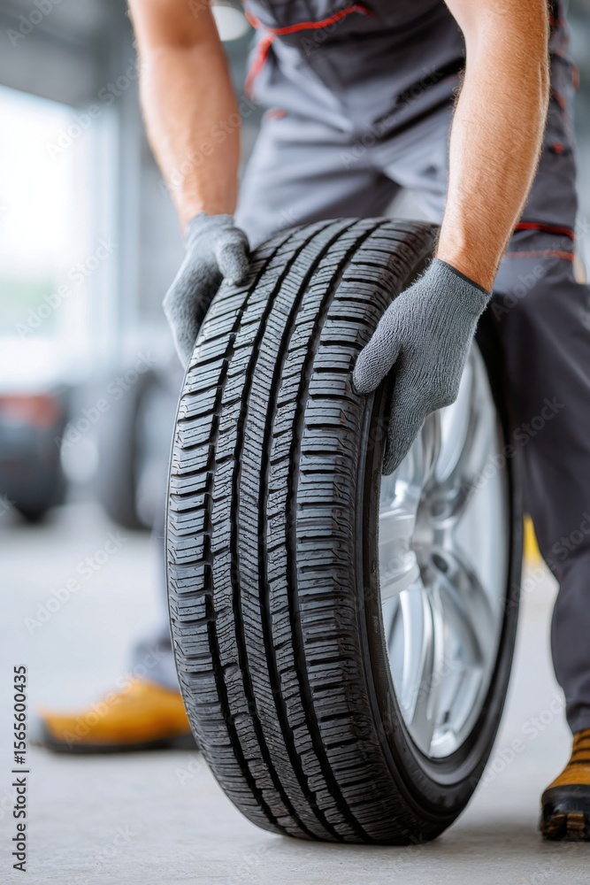 Fototapeta premium Male automotive technician in gray overalls is lifting a tire in a garage, showcasing the tire's tread and the surrounding workshop environment with tools and equipment