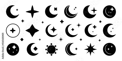 Collection of celestial moon and star icons isolated on white background