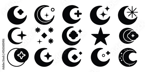 Collection of celestial moon and star icons with various decorative elements isolated on white background