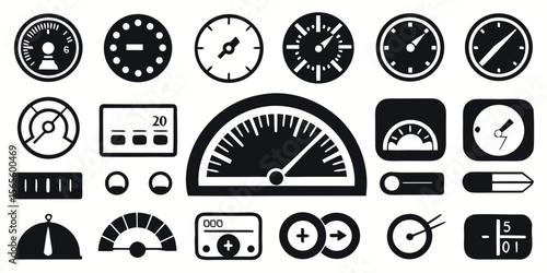 Collection of various gauge and dial icons representing measurement and data isolated on white background