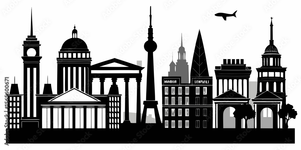 Fototapeta premium Diverse city skyline silhouette with famous landmarks and airplane isolated on white background