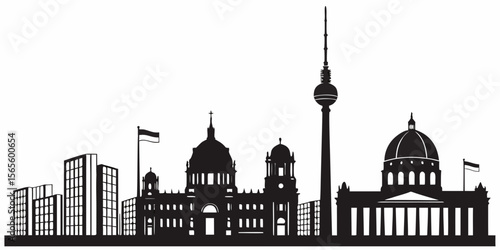 Black silhouette skyline of berlin featuring famous landmarks isolated on white background