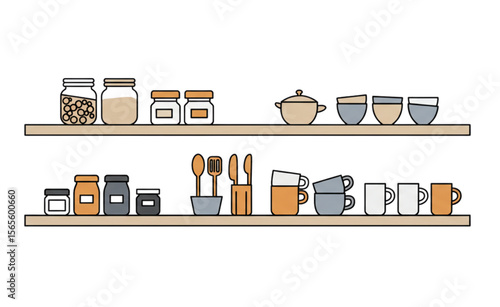 Stylish kitchen shelf display with jars, mugs, and utensils, a clean design perfect for food blogs or minimalist decor themes.