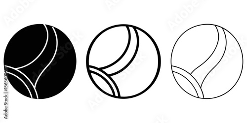 Three stylized tennis balls in black and white line art and solid fill isolated on white background