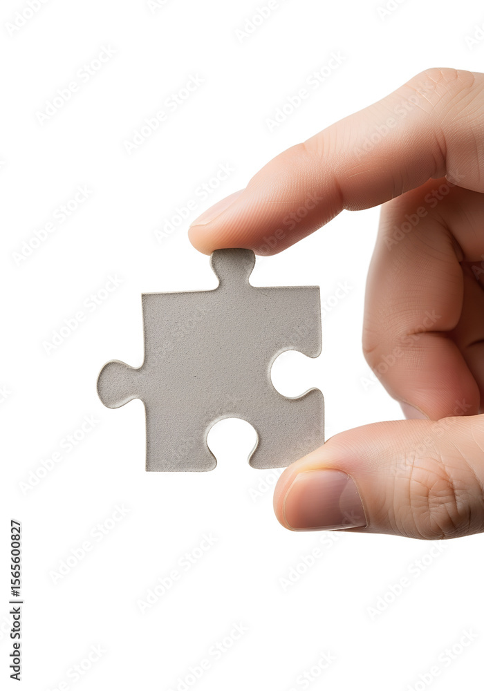 Hand holding single puzzle piece symbolizing completion and problem-solving, teamwork concept, isolated on transparent background Hand holding single puzzle piece symbolizing completion and problem-solving, teamwork concept, isolated on transparent background