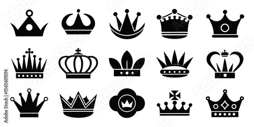 Collection of diverse black royal crowns and tiaras isolated on white background