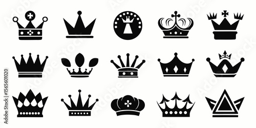 Collection of fifteen diverse black crown icons isolated on white background