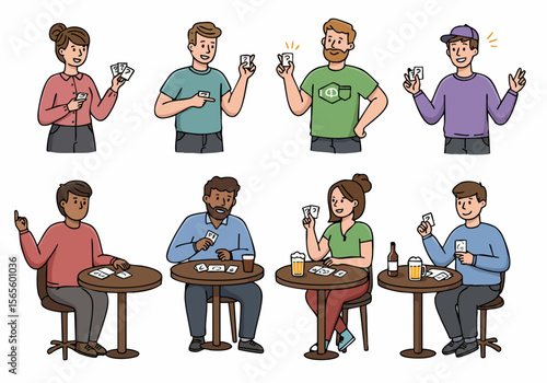Illustration of a diverse group of friends playing a casual card game at tables, enjoying leisure and social interaction with drinks.