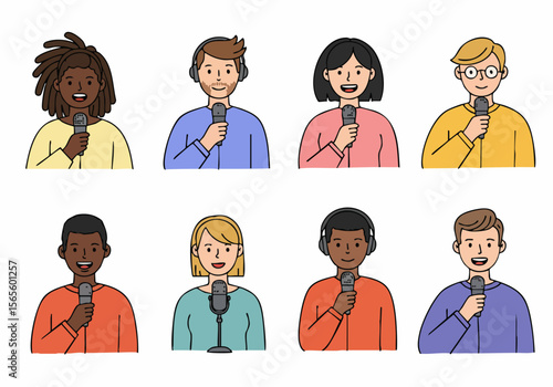 Diverse group of eight cartoon people holding microphones for podcasting, broadcasting, or interviews, isolated illustration on white.