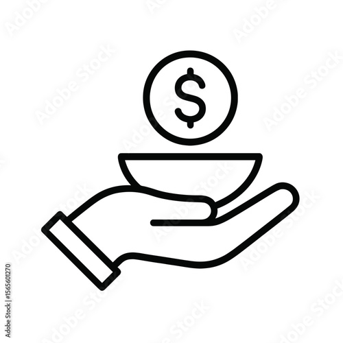 Line icon of hand giving tip with dollar coin above open palm