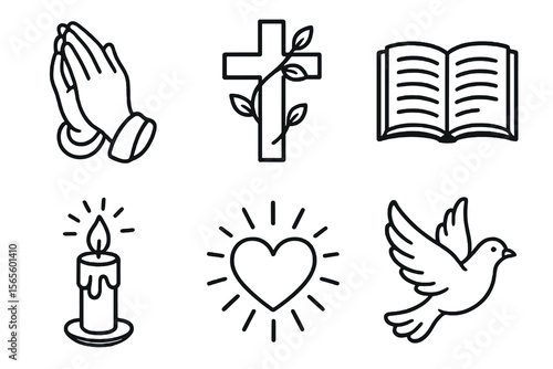 6 black and white faith icons. Cartoon vector for Thanksgiving reflections.