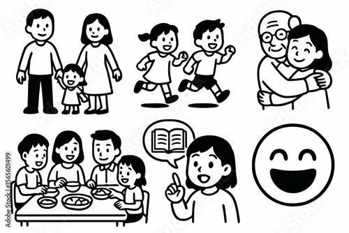 6 black and white family tradition icons. Cartoon vector for Thanksgiving themes.