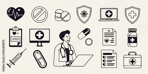Collection of medical icons featuring doctor heart syringe pills and shields isolated on white background