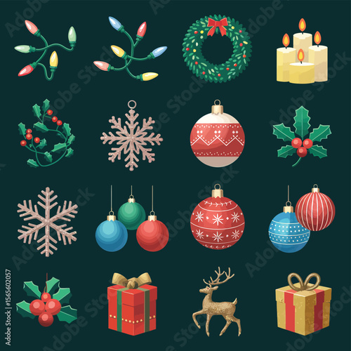vector Happy New Year Celebrating 2025 in Latin letters , Christmas Decoration Items Santa Claus
