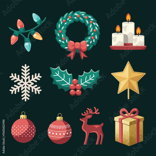 vector Happy New Year Celebrating 2025 in Latin letters , Christmas Decoration Items Santa Claus
