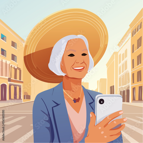 Elderly woman with stylish hat and blazer is vlogging against a vibrant cityscape backdrop, showcasing modern fashion and confidence in urban lifestyle