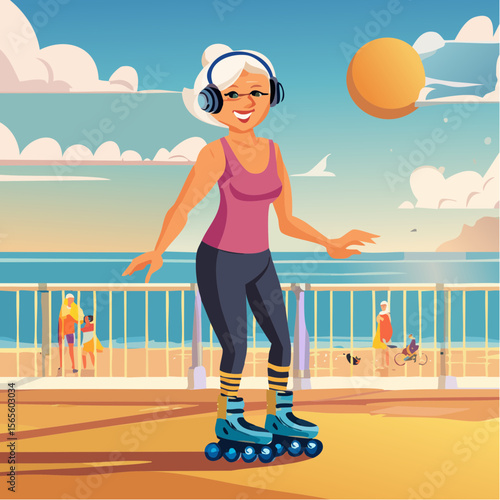 Sporty elderly woman rollerblading along ocean shore, enjoying sunny day with headphones, vibrant beach scene, showcasing active lifestyle and joyful spirit