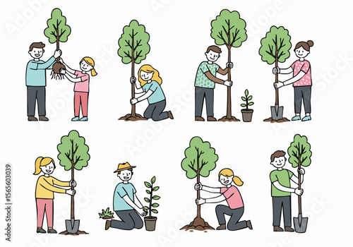 Simple illustrations showing diverse people happily planting trees and seedlings, representing environmental conservation, ecology, and community work.