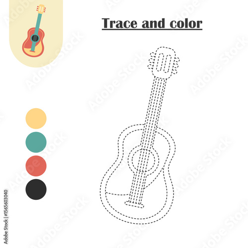 Trace and Color Worksheet with Guitar Picture. Educational printable for preschoolers and kindergarteners to practice fine motor skills and creativity.