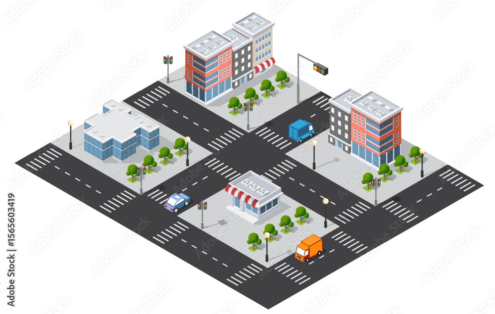Obraz premium Isometric city intersection with vehicles and buildings