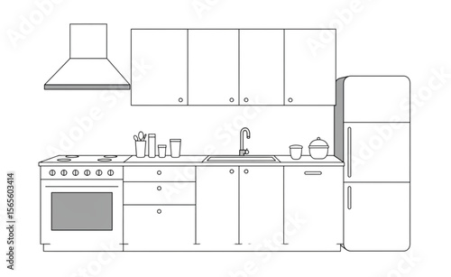 Modern kitchen outline design shows a minimalist interior with appliances and storage cabinets for easy use in designs.