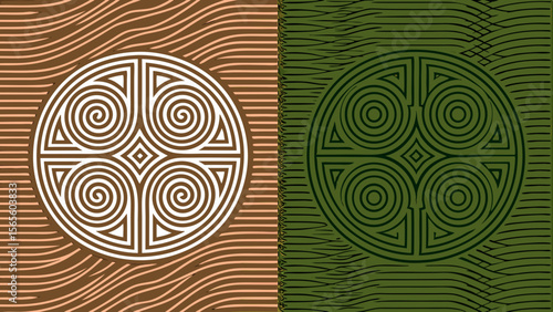 Two celtic knot circular designs with wavy line backgrounds in contrasting colors