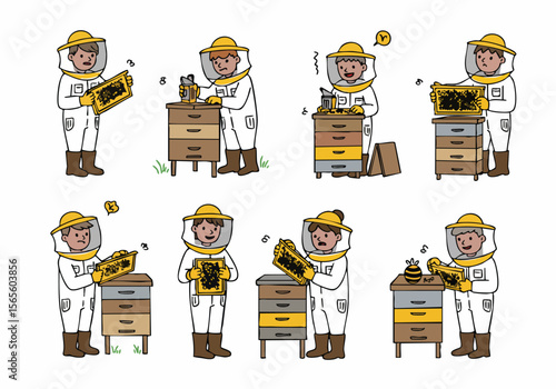 Cartoon set illustrating beekeepers working with beehives and honeycomb frames, depicting various activities and showing different people in protective suits.