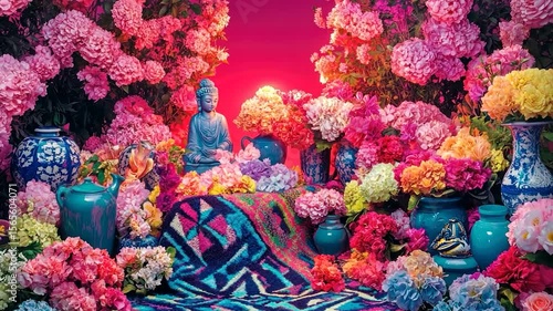 A serene Buddha statue sits amidst a vibrant profusion of colorful hydrangeas and other flowers, arranged artfully with various blue and white ceramic vases and a patterned rug