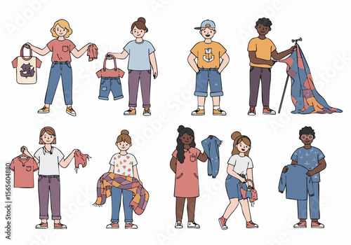 Illustration of diverse people holding and displaying various clothing items and textiles, representing fashion and fabric.