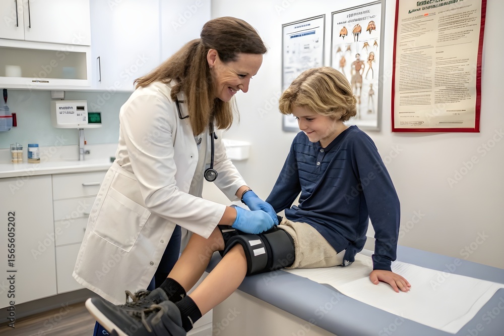 Obraz premium Leg injured boy visiting young doctor traumatologist