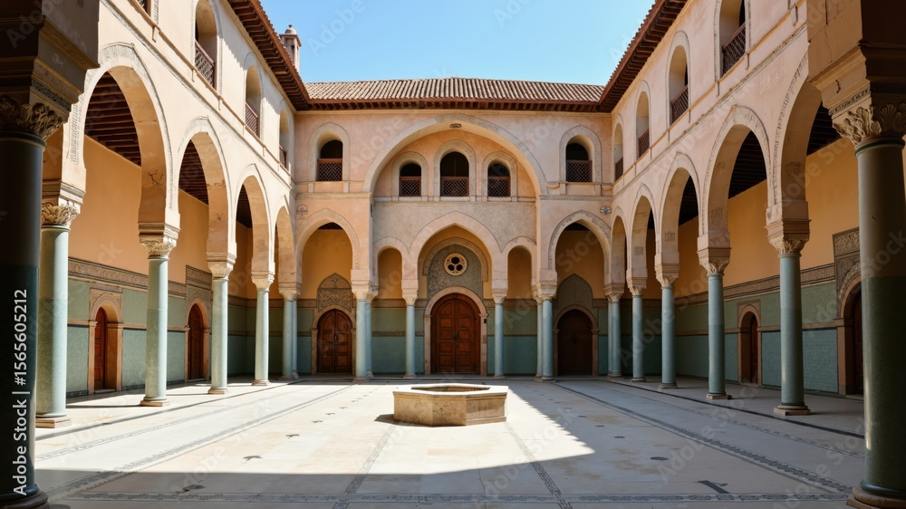 Obraz premium A peaceful courtyard of an Islamic school (madrasa), surrounded by arches and decorated with vibrant tiles 
