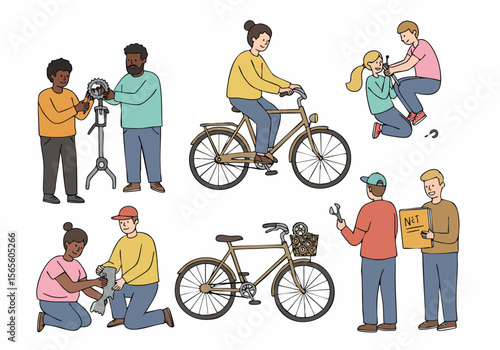 Illustrations of people repairing, learning, and enjoying bicycles.