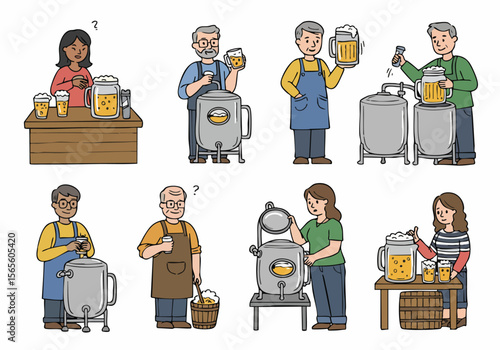 Illustration depicting various people, including men and women of different ages, engaged in the process of brewing beer, showcasing different steps and equipment used in home or craft brewing.