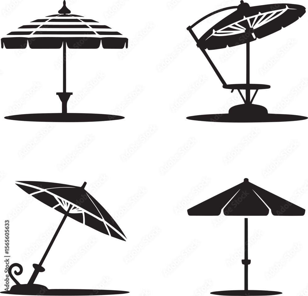 Fototapeta premium Beach umbrella silhouette set vector illustration isolated On Transparent Background