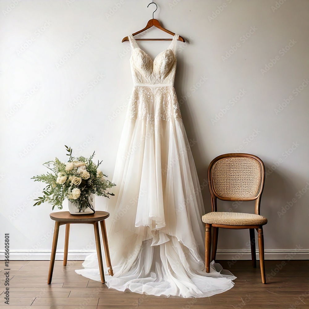 Vestido de novia colgado junto a ramo Vestido de novia colgado junto a ramo