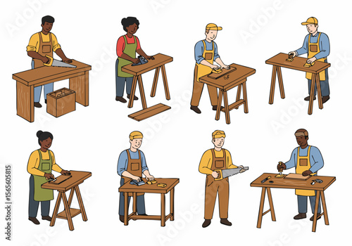 Illustrations of people performing various woodworking tasks: sawing, planing, sanding, and chiseling wood.