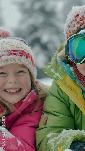 Two young children are joyfully playing in a snowy landscape. Both kids are bundled up in winter clothes, smiling as they enjoy the winter weather. Snow is falling, creating a magical winter scene.