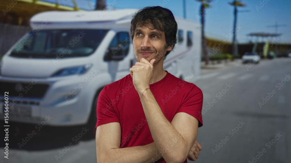 Fototapeta premium Man in red shirt stands by white camper van with hand on chin under blue sky in bright sunlight on busy street; serenity.