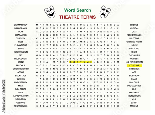Word search puzzle vector (Word find game) illustration. Theatre Terms