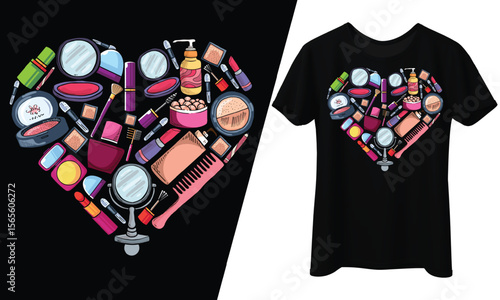 Heart of Makeup with Beauty Tools, T-Shirt Design.