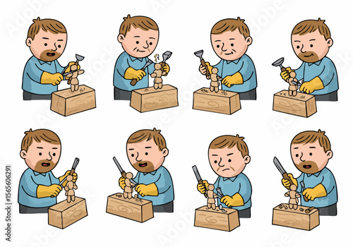 Man Carving Wood Figurine Process Illustration
