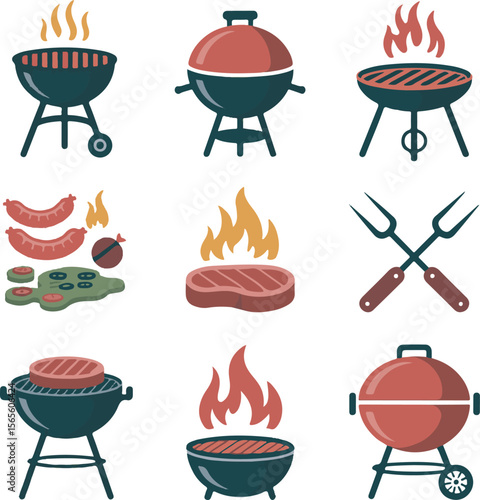 Grilling equipment and food items barbecue grills sausages