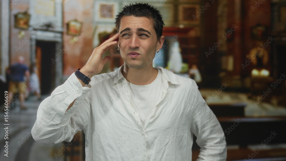 Obraz premium Young hispanic man in church expressing frustration indoors wearing white shirt with contemplative expression under soft lighting showing diverse emotions in a spiritual setting.
