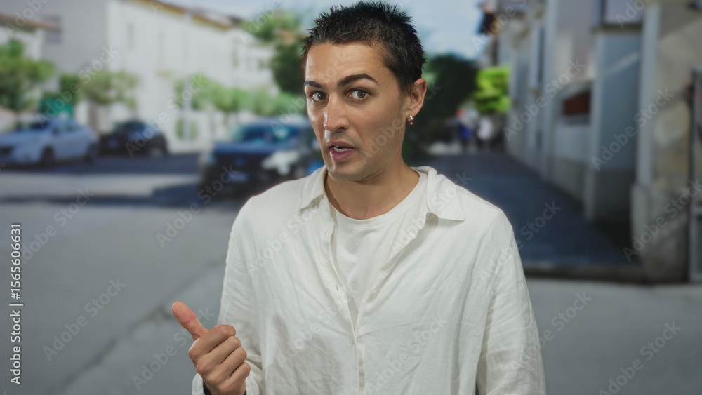Obraz premium Young hispanic man in white shirt points thumb to the side on sunlit urban street; uncertainty choice.