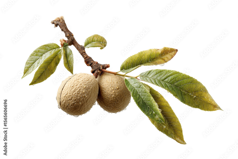 Fototapeta premium PNG Fresh almonds on branch with leaves isolated on white background