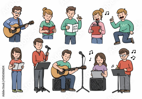Diverse group of cartoon people singing, playing music, and practicing vocal and instrumental performance in a cheerful setting.