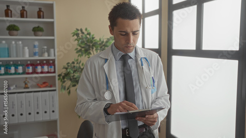 Obraz na plátně Young hispanic doctor man in clinic uniform with stethoscope and clipboard stands indoors at workplace in hospital room confidently reflecting professionalism and dedication