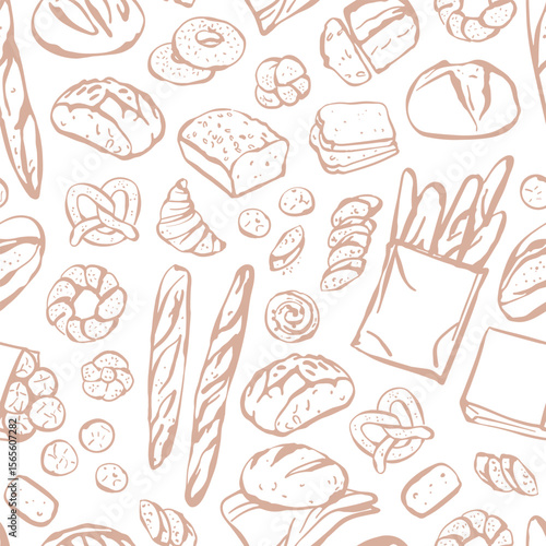 Hand drawn bread and bakery seamless pattern